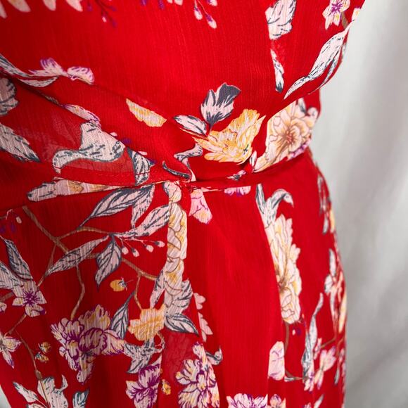 Lush Red Floral Wrap Dress Women's Medium Short Sleeve Ruffle Chiffon Lined - Picture 4 of 15